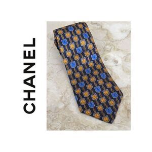 CHANEL CC Logo Chain Pattern 100% Silk Tie Multi-Colour Authentic